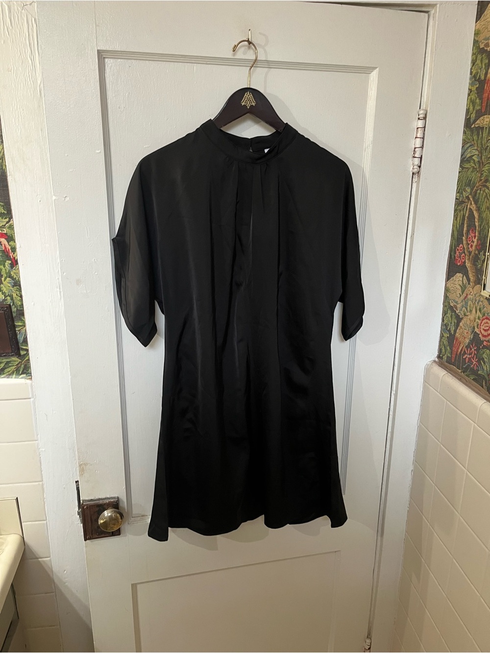 Made With Love Black Pleated Yoke Shift Dress Medium Short Sleeve Mock Neck EUC